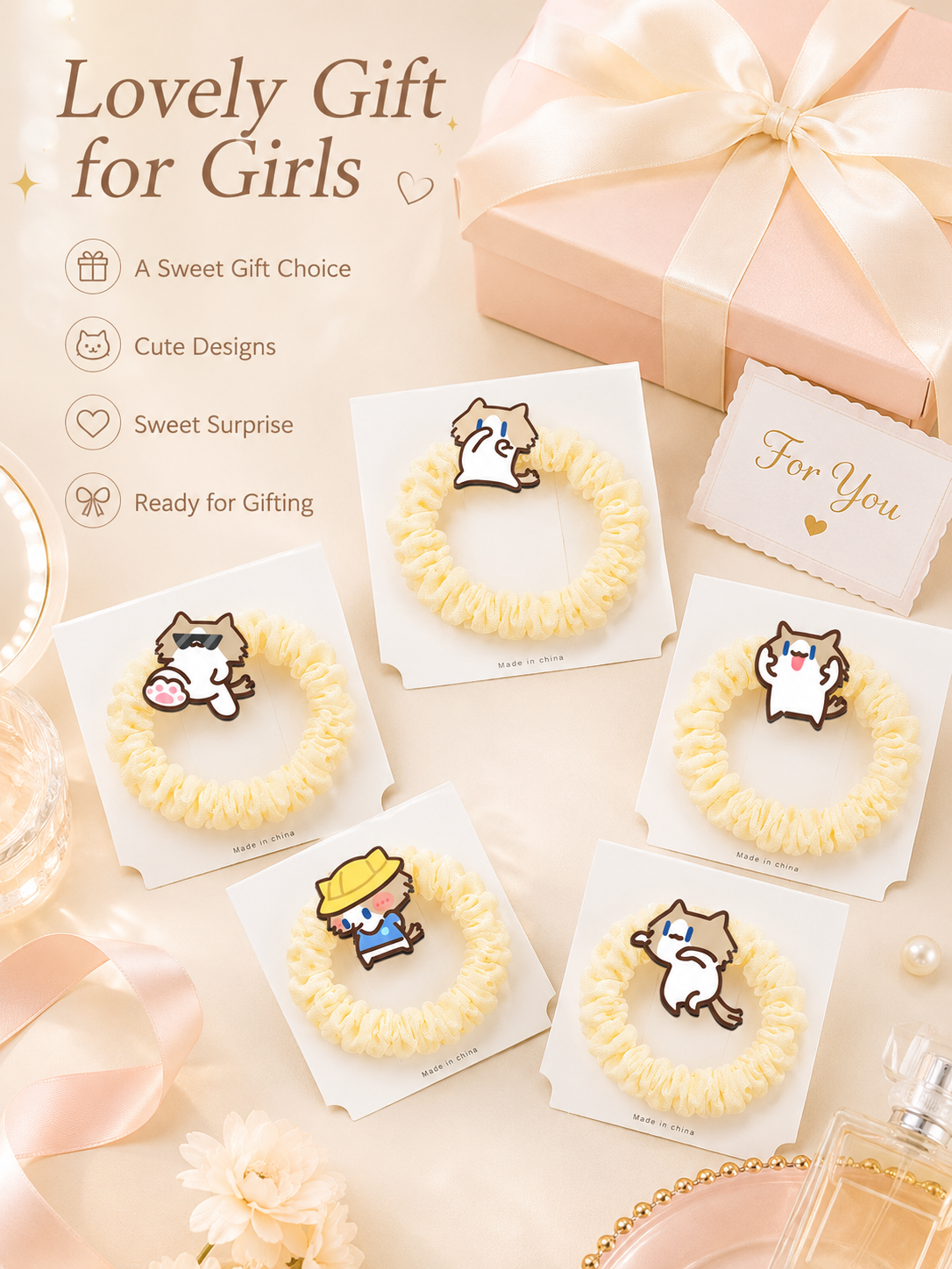 Cute Cartoon Cat Scrunchies, Soft Elastic Bubble Hair Ties 5 Styles Kawaii Hair Accessories for Girls Daily Use