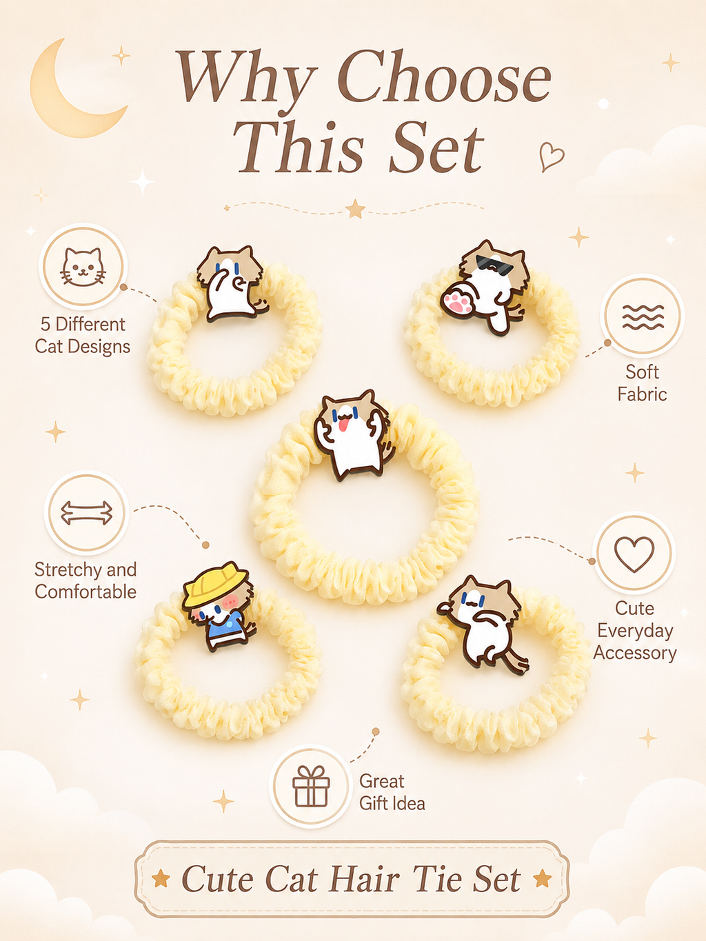 Cute Cartoon Cat Scrunchies, Soft Elastic Bubble Hair Ties 5 Styles Kawaii Hair Accessories for Girls Daily Use
