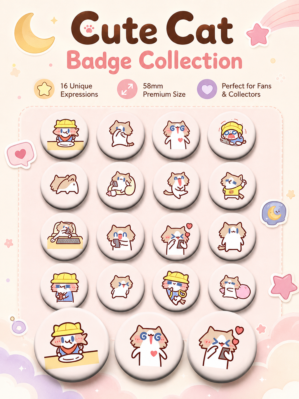 Cute Monthly Salary Cat Button Pins, 58mm Kawaii Cartoon Cat Badges Set, Anime Brooch Pins for Backpack Clothing Decor, Lovely Character Pins Gift for Girls