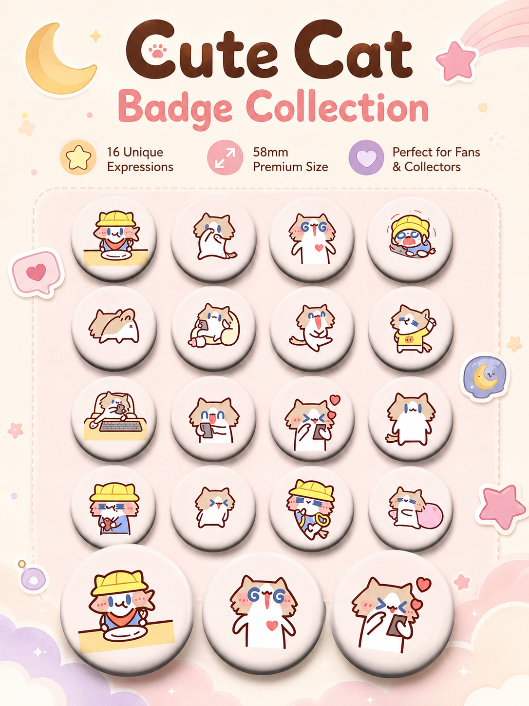 Cute Monthly Salary Cat Button Pins, 58mm Kawaii Cartoon Cat Badges Set, Anime Brooch Pins for Backpack Clothing Decor, Lovely Character Pins Gift for Girls