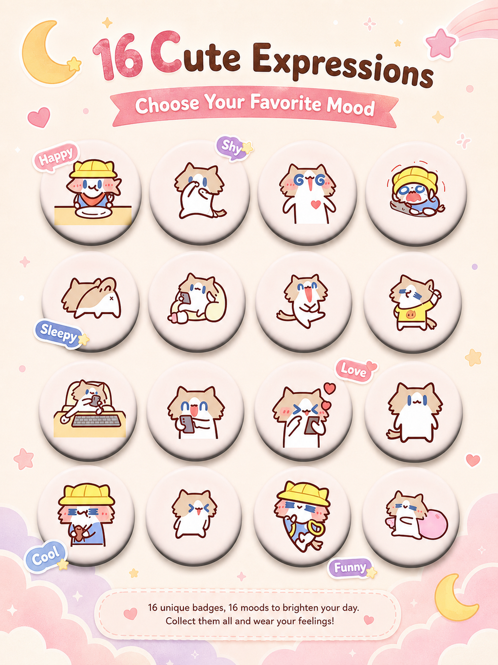 Cute Monthly Salary Cat Button Pins, 58mm Kawaii Cartoon Cat Badges Set, Anime Brooch Pins for Backpack Clothing Decor, Lovely Character Pins Gift for Girls