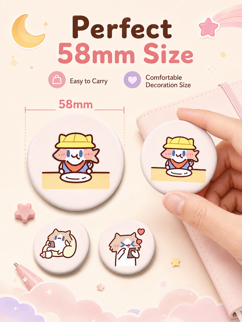Cute Monthly Salary Cat Button Pins, 58mm Kawaii Cartoon Cat Badges Set, Anime Brooch Pins for Backpack Clothing Decor, Lovely Character Pins Gift for Girls
