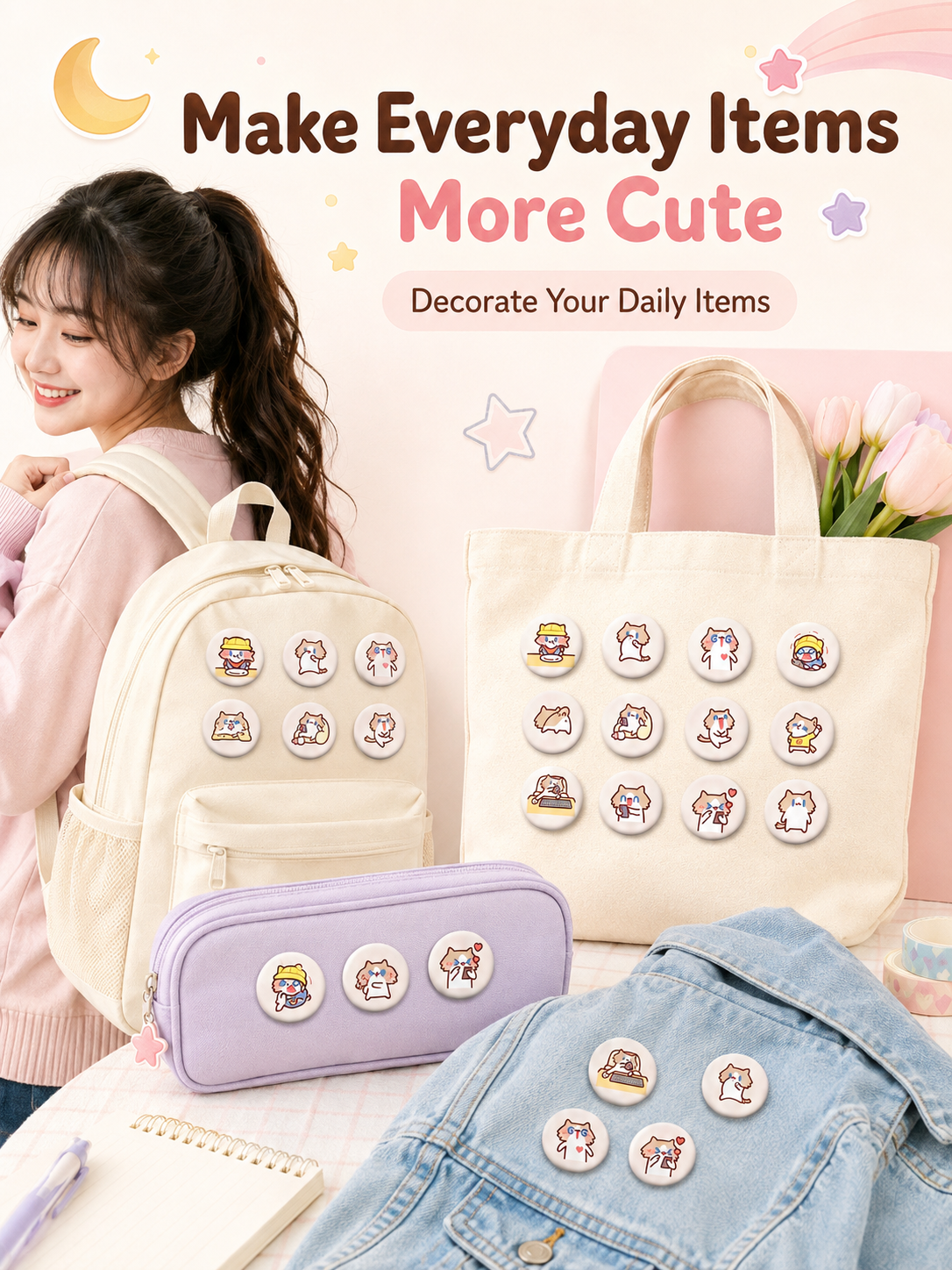 Cute Monthly Salary Cat Button Pins, 58mm Kawaii Cartoon Cat Badges Set, Anime Brooch Pins for Backpack Clothing Decor, Lovely Character Pins Gift for Girls