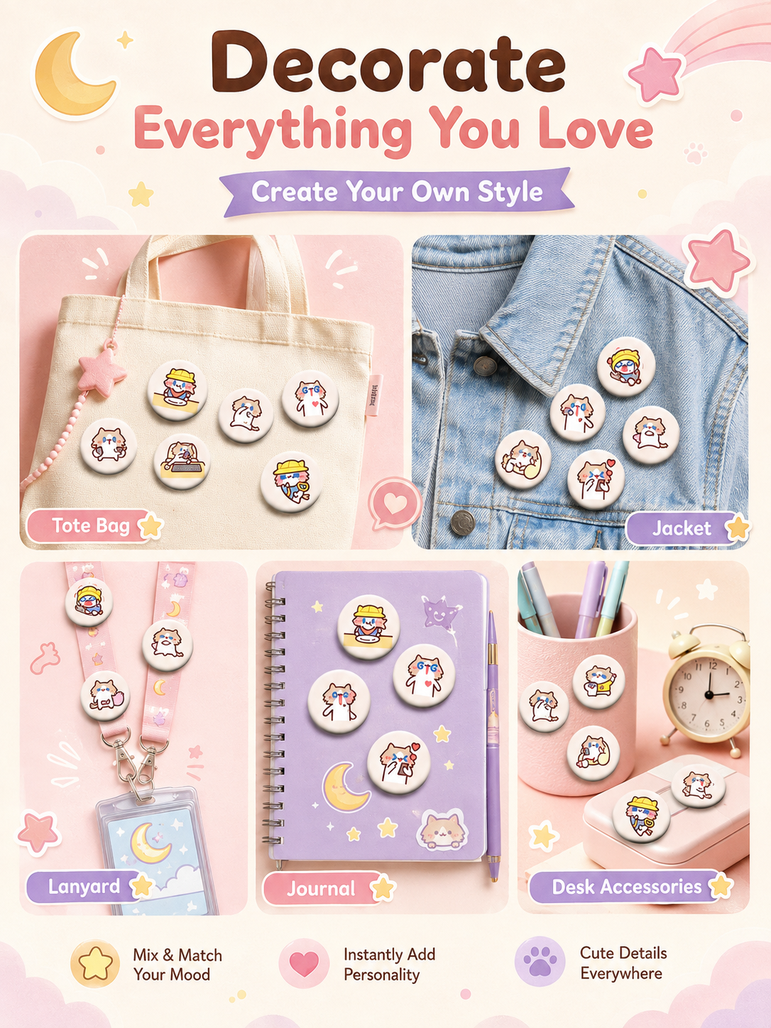 Cute Monthly Salary Cat Button Pins, 58mm Kawaii Cartoon Cat Badges Set, Anime Brooch Pins for Backpack Clothing Decor, Lovely Character Pins Gift for Girls