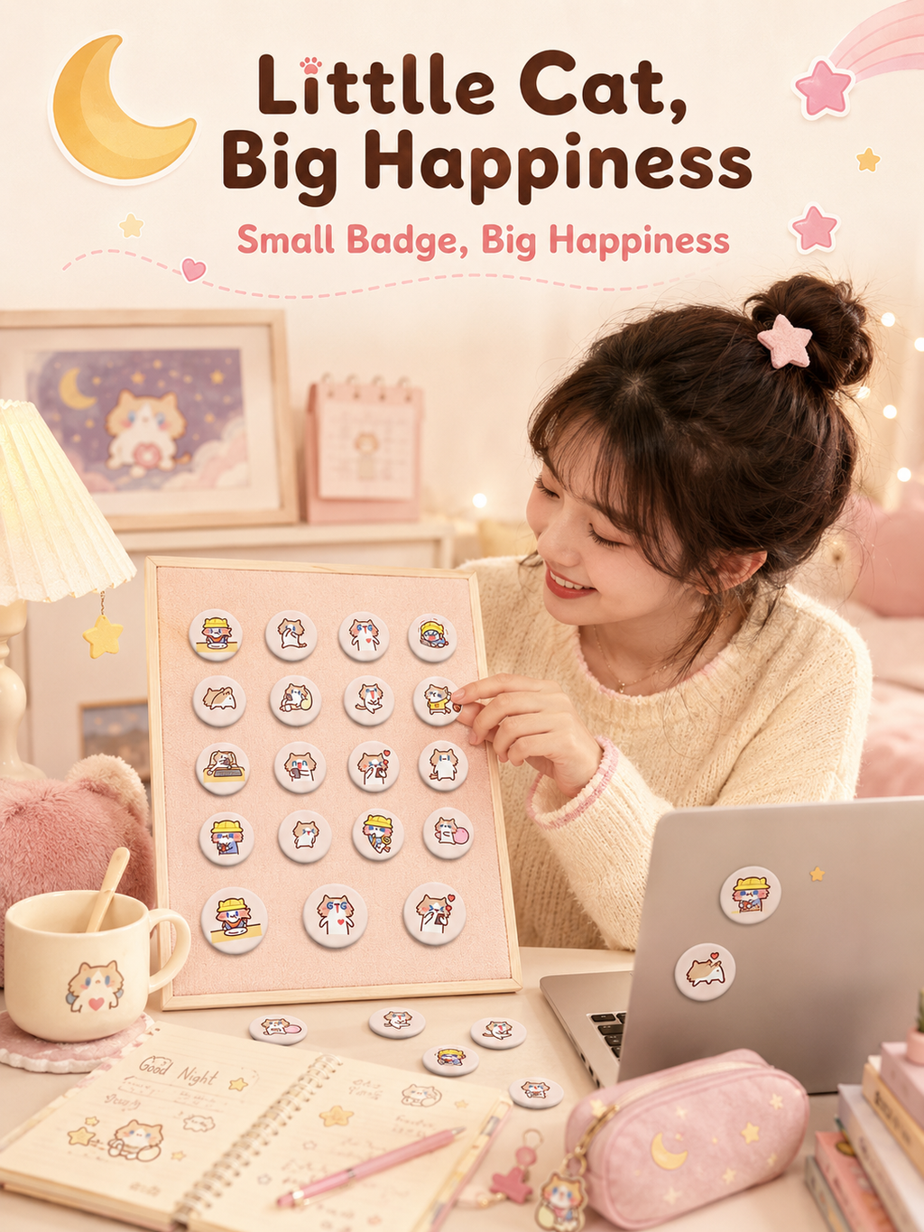 Cute Monthly Salary Cat Button Pins, 58mm Kawaii Cartoon Cat Badges Set, Anime Brooch Pins for Backpack Clothing Decor, Lovely Character Pins Gift for Girls