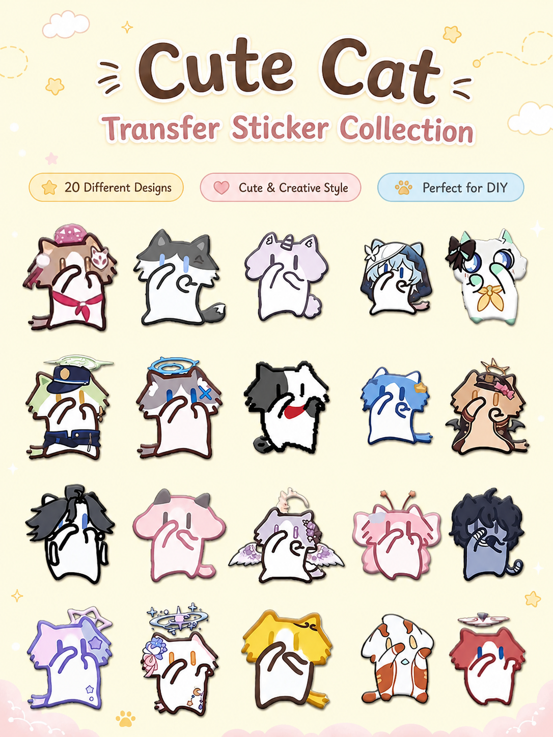 Cute Monthly Salary Cat Transfer Stickers, Kawaii Cartoon Cat Clear Waterproof Stickers, DIY Decorative Decals for Phone Case Water Bottle Laptop Journal