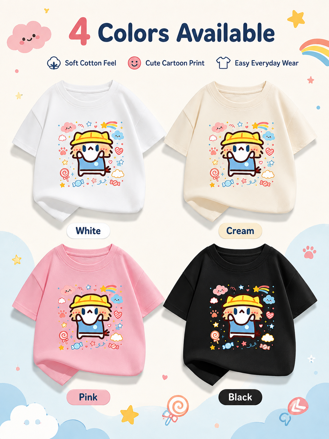 Cute Salary Cat Kids Cotton Short Sleeve T‑Shirt, Summer Loose Casual Tops for Boys Girls