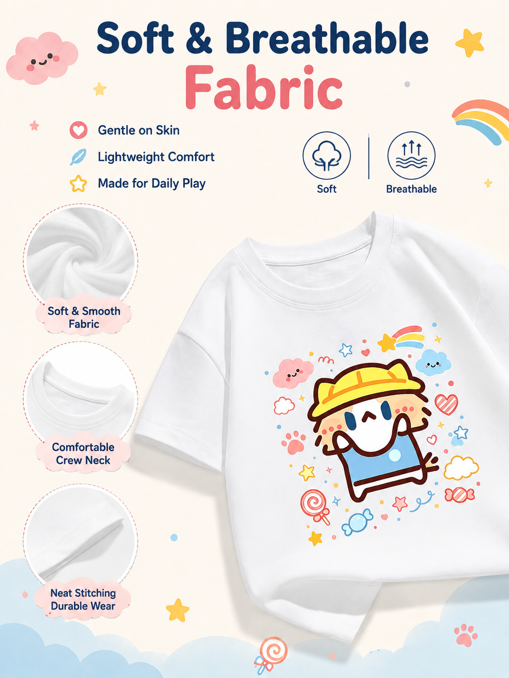 Cute Salary Cat Kids Cotton Short Sleeve T‑Shirt, Summer Loose Casual Tops for Boys Girls