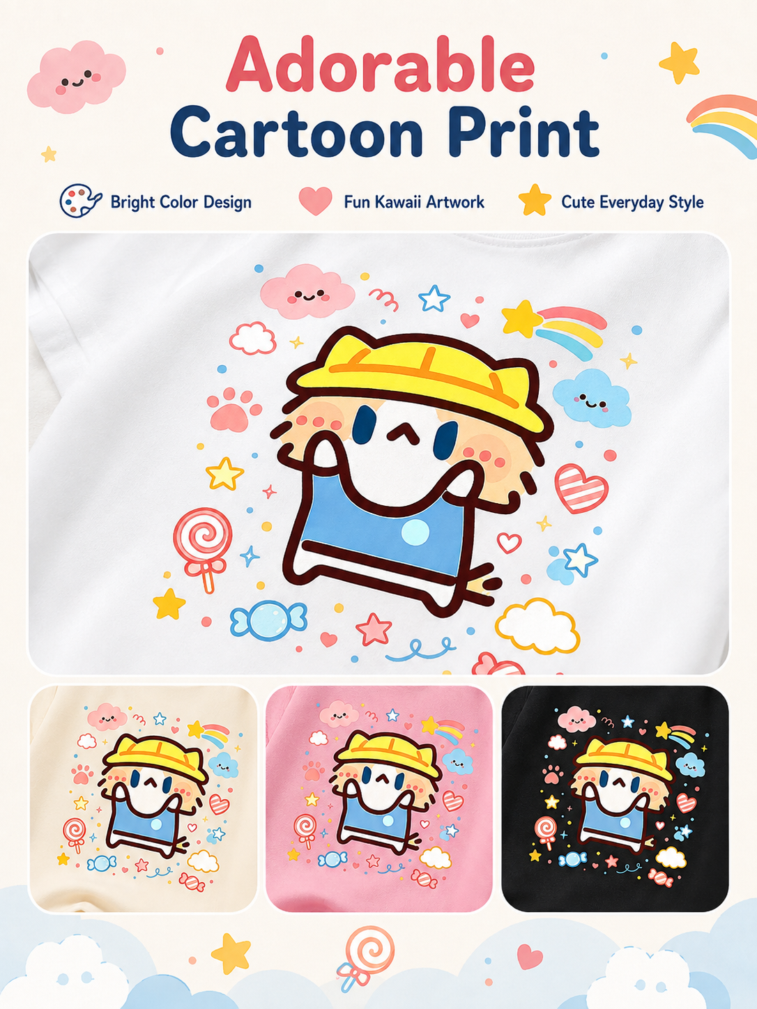 Cute Salary Cat Kids Cotton Short Sleeve T‑Shirt, Summer Loose Casual Tops for Boys Girls