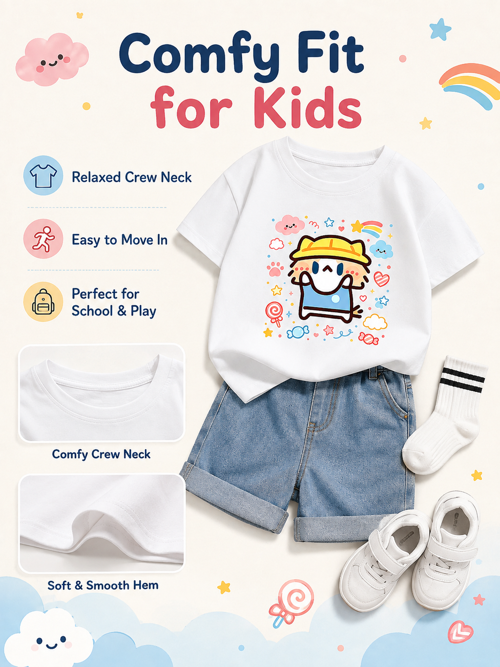 Cute Salary Cat Kids Cotton Short Sleeve T‑Shirt, Summer Loose Casual Tops for Boys Girls