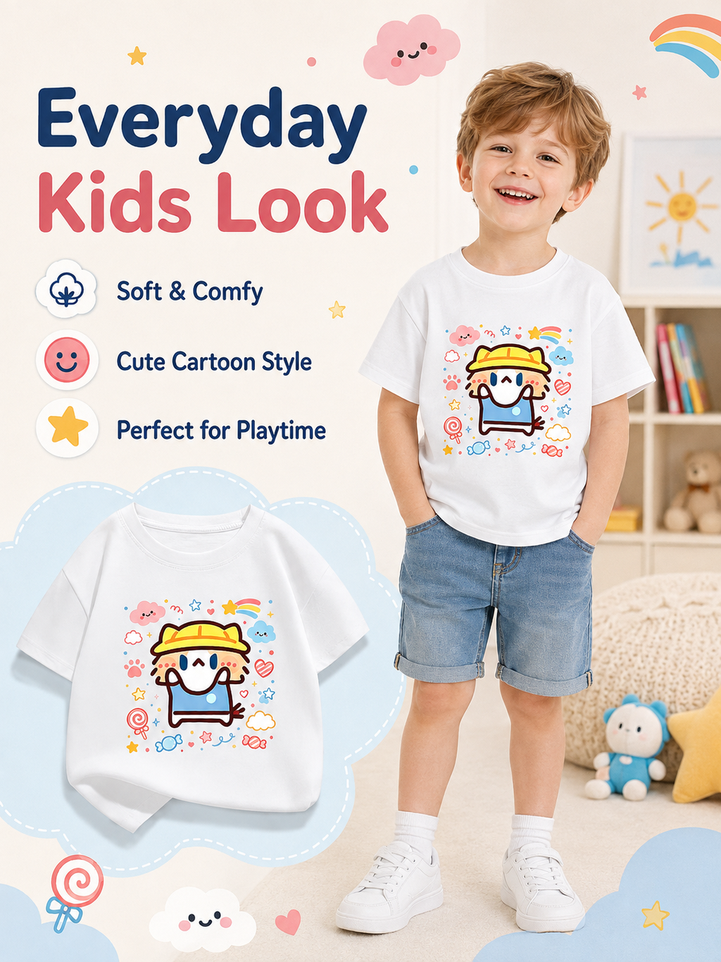Cute Salary Cat Kids Cotton Short Sleeve T‑Shirt, Summer Loose Casual Tops for Boys Girls
