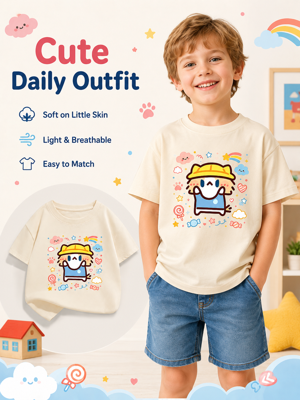 Cute Salary Cat Kids Cotton Short Sleeve T‑Shirt, Summer Loose Casual Tops for Boys Girls