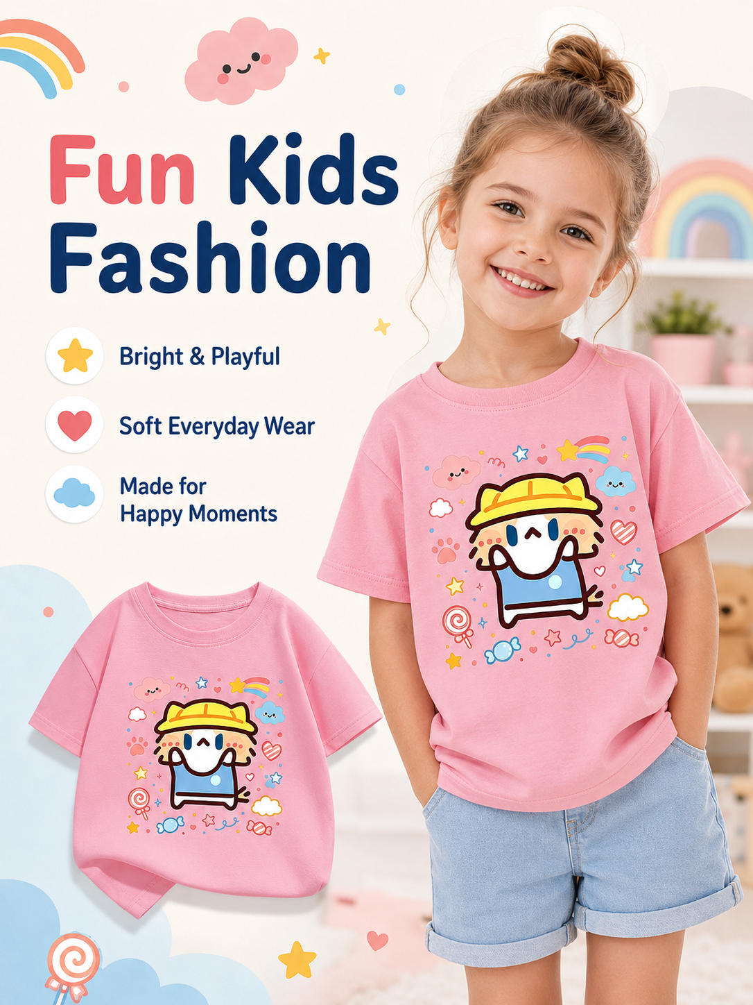 Cute Salary Cat Kids Cotton Short Sleeve T‑Shirt, Summer Loose Casual Tops for Boys Girls
