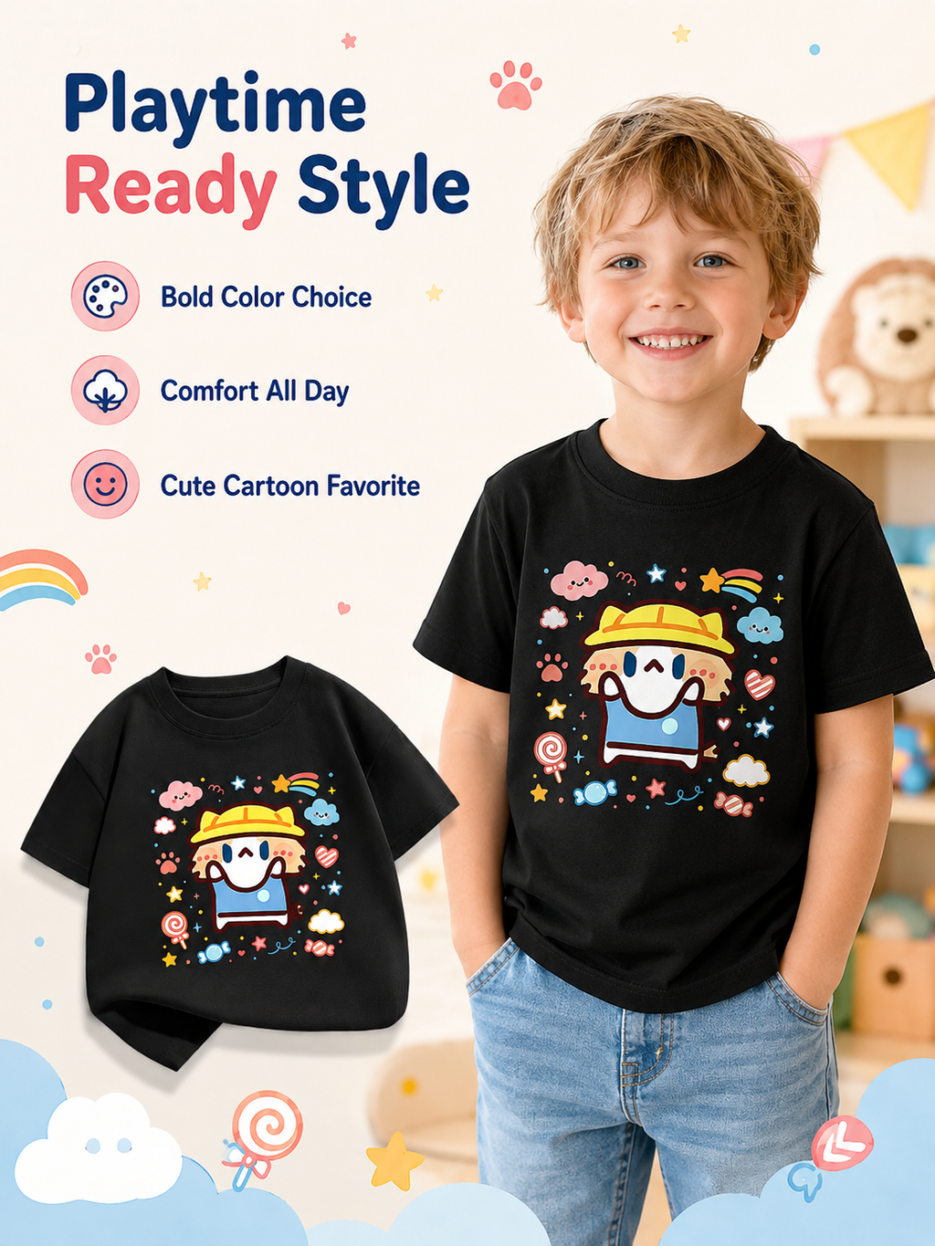 Cute Salary Cat Kids Cotton Short Sleeve T‑Shirt, Summer Loose Casual Tops for Boys Girls