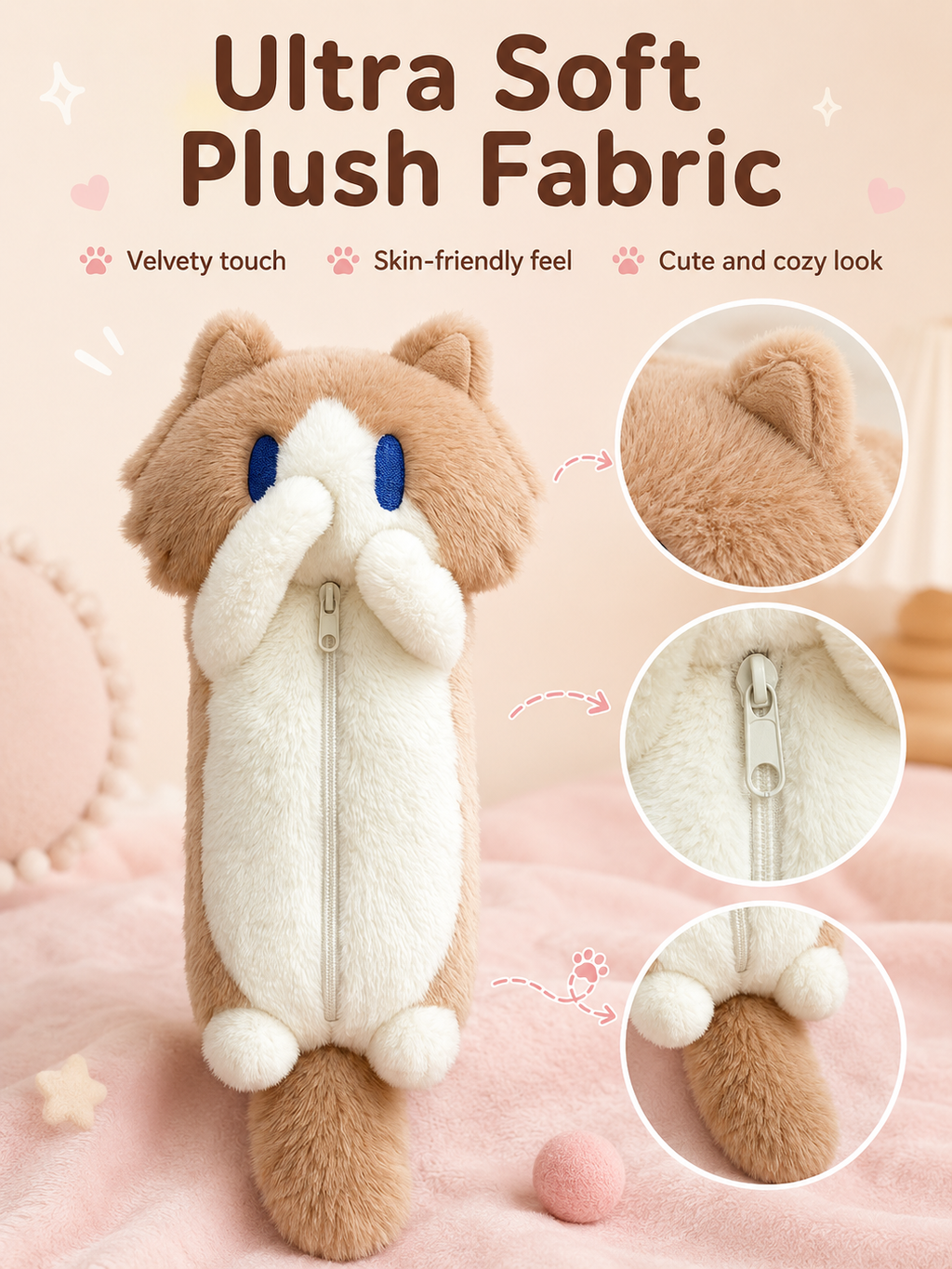 Cute Plush Cat Pencil Case, Soft Fluffy Kitten Pen Bag, Large Capacity Cartoon Animal Stationery Pouch for Students