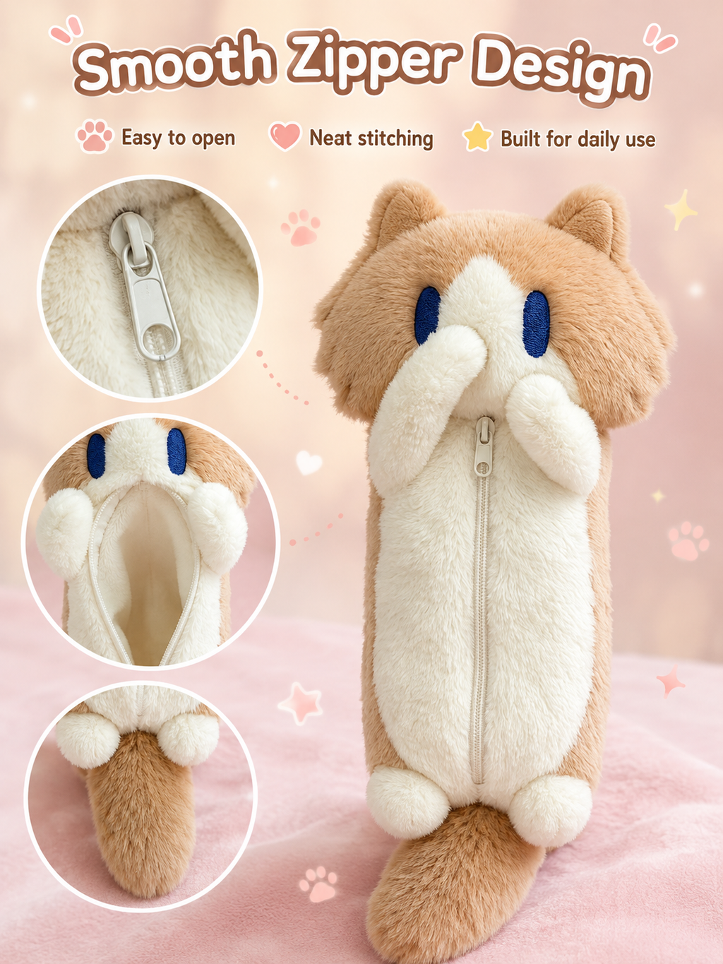 Cute Plush Cat Pencil Case, Soft Fluffy Kitten Pen Bag, Large Capacity Cartoon Animal Stationery Pouch for Students