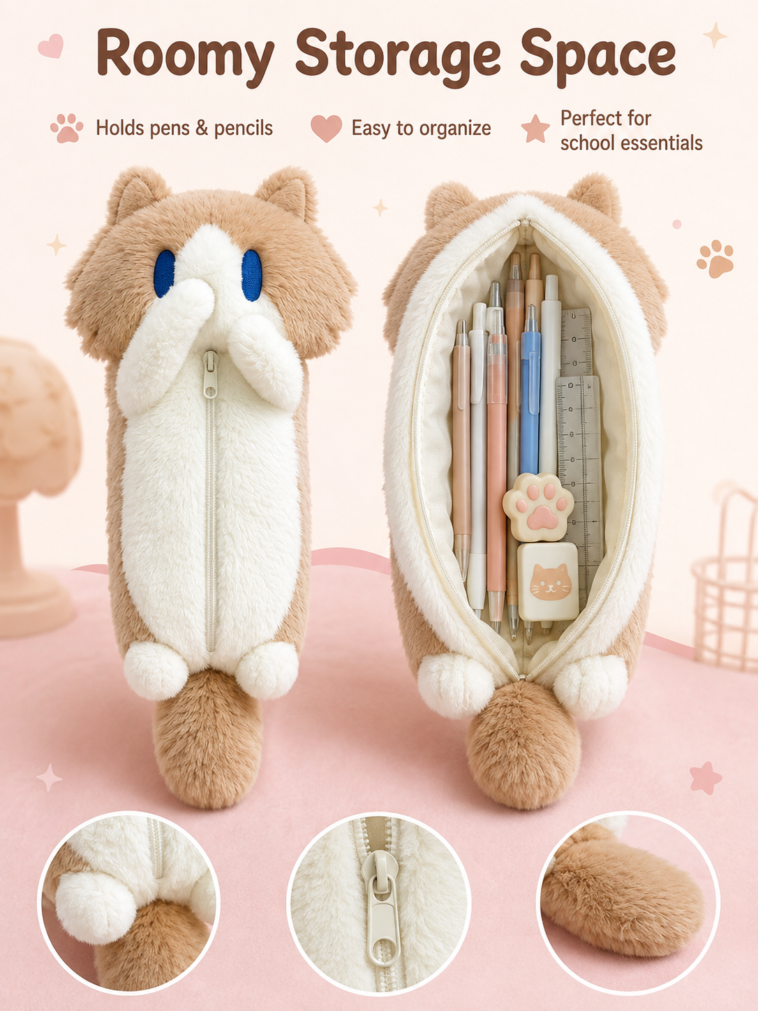 Cute Plush Cat Pencil Case, Soft Fluffy Kitten Pen Bag, Large Capacity Cartoon Animal Stationery Pouch for Students