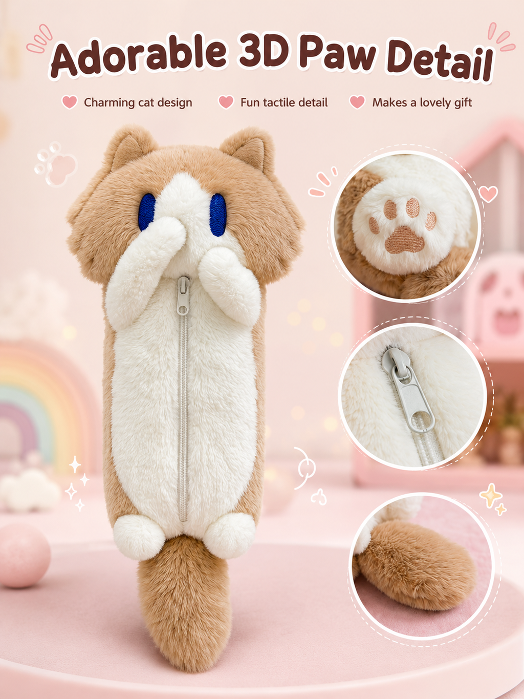 Cute Plush Cat Pencil Case, Soft Fluffy Kitten Pen Bag, Large Capacity Cartoon Animal Stationery Pouch for Students