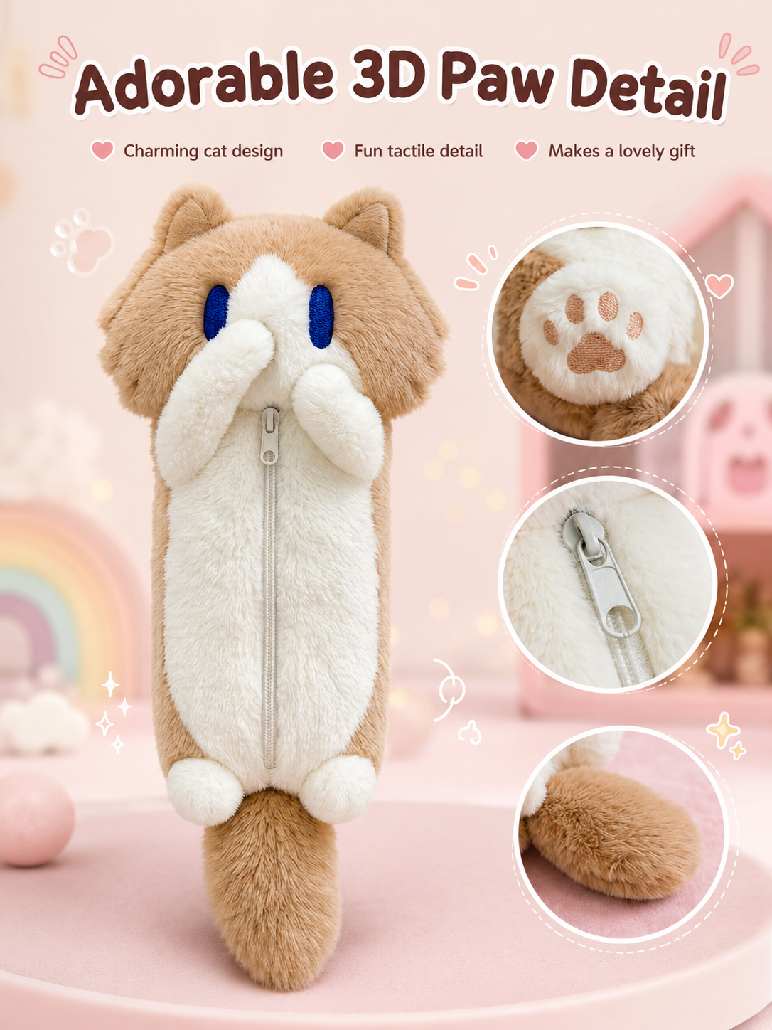 Cute Plush Cat Pencil Case, Soft Fluffy Kitten Pen Bag, Large Capacity Cartoon Animal Stationery Pouch for Students