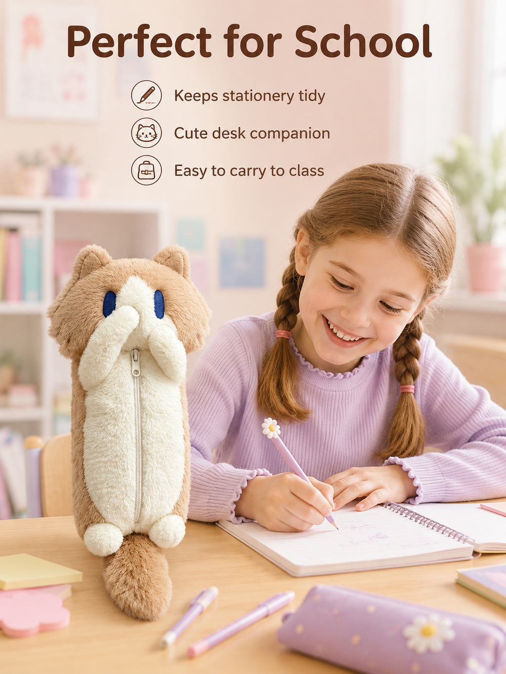 Cute Plush Cat Pencil Case, Soft Fluffy Kitten Pen Bag, Large Capacity Cartoon Animal Stationery Pouch for Students
