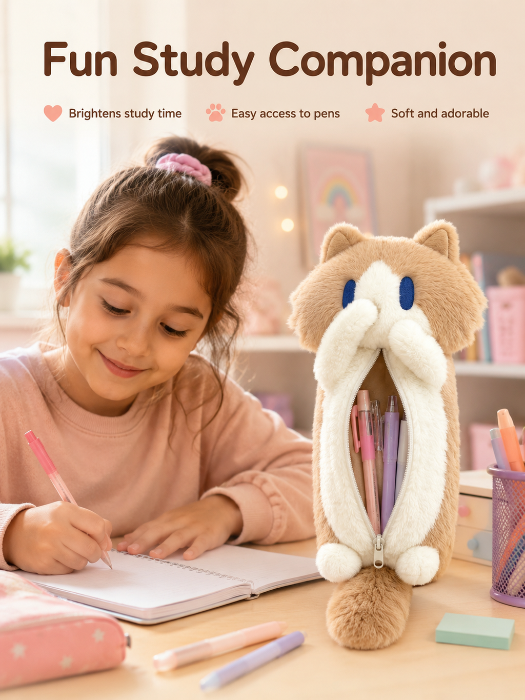 Cute Plush Cat Pencil Case, Soft Fluffy Kitten Pen Bag, Large Capacity Cartoon Animal Stationery Pouch for Students