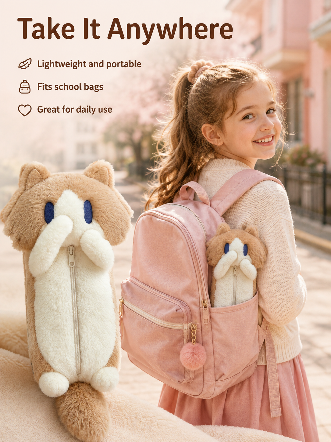 Cute Plush Cat Pencil Case, Soft Fluffy Kitten Pen Bag, Large Capacity Cartoon Animal Stationery Pouch for Students