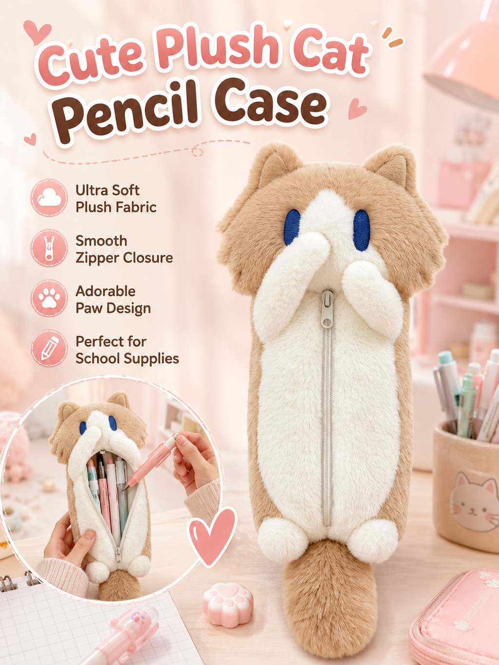Cute Plush Cat Pencil Case, Soft Fluffy Kitten Pen Bag, Large Capacity Cartoon Animal Stationery Pouch for Students