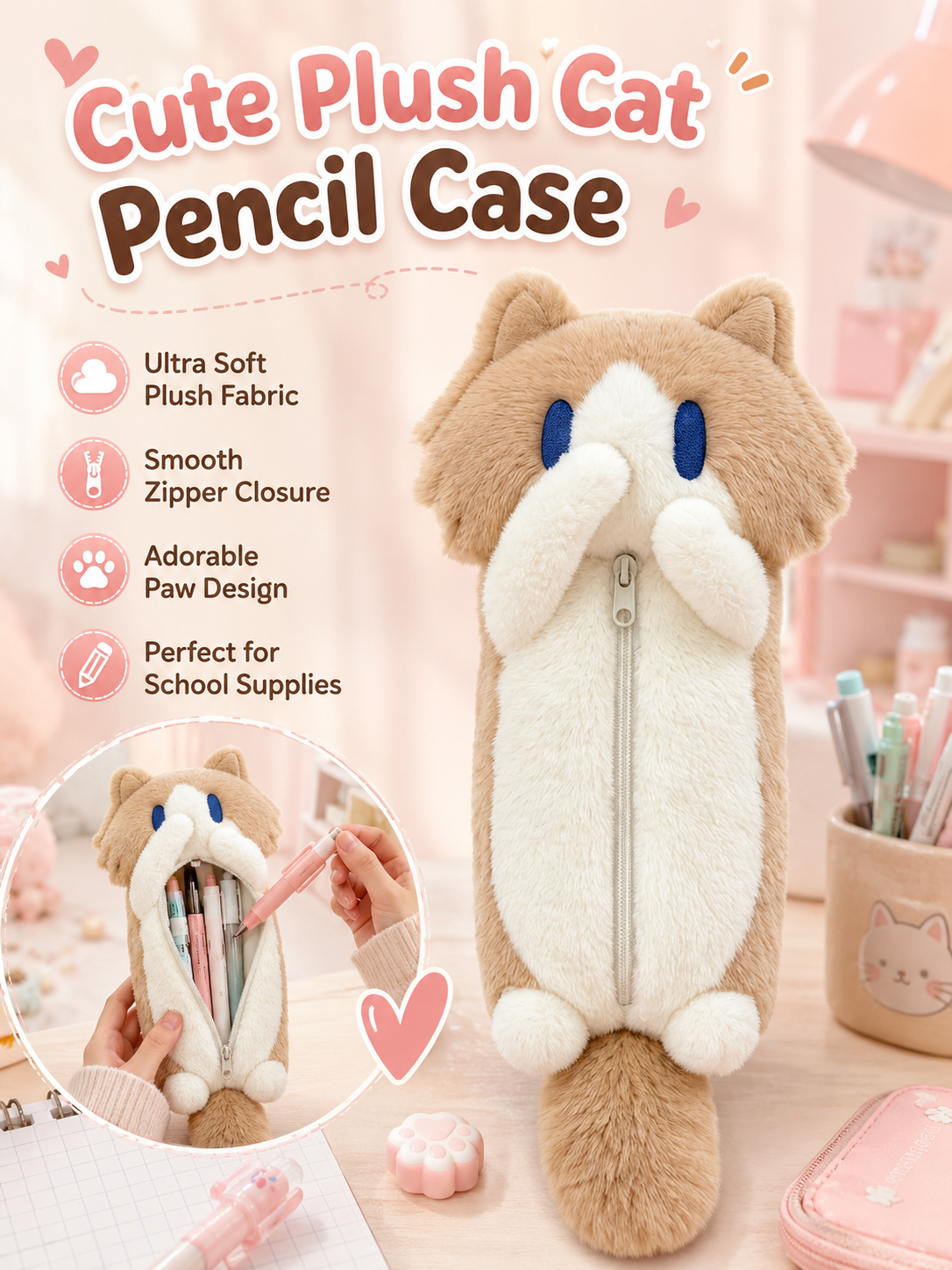 Cute Plush Cat Pencil Case, Soft Fluffy Kitten Pen Bag, Large Capacity Cartoon Animal Stationery Pouch for Students
