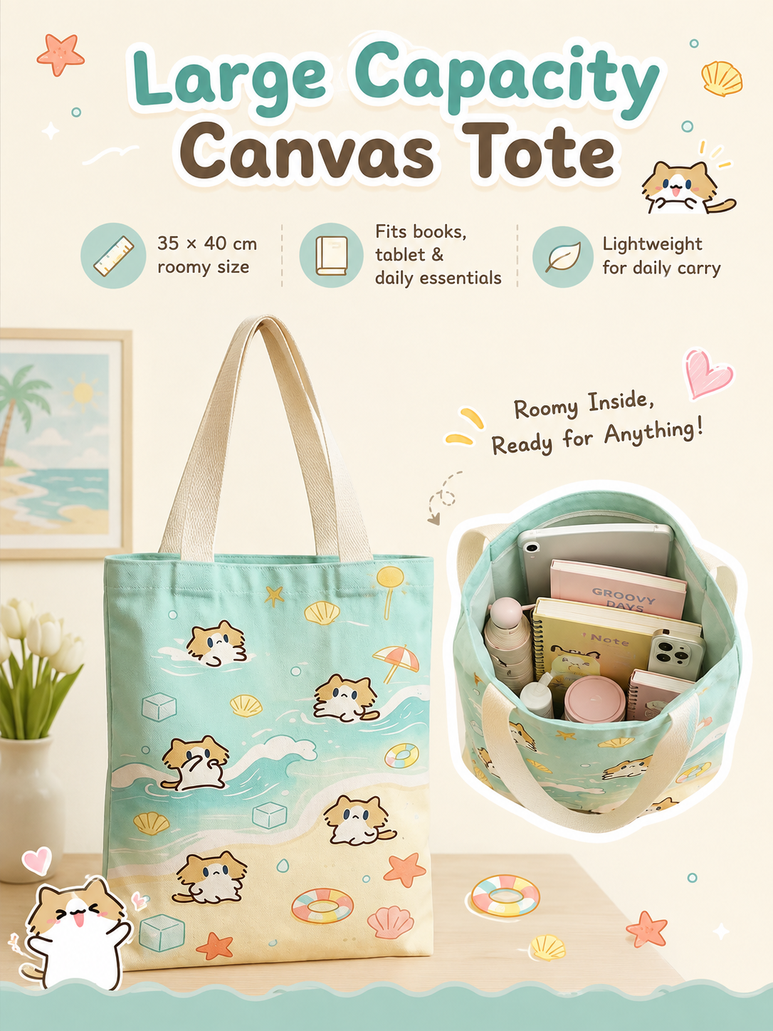 Cute Cover‑Mouth Cat Canvas Tote Bag, Large Capacity Cartoon Shoulder Handbag, Student Book Tote for Daily Commute