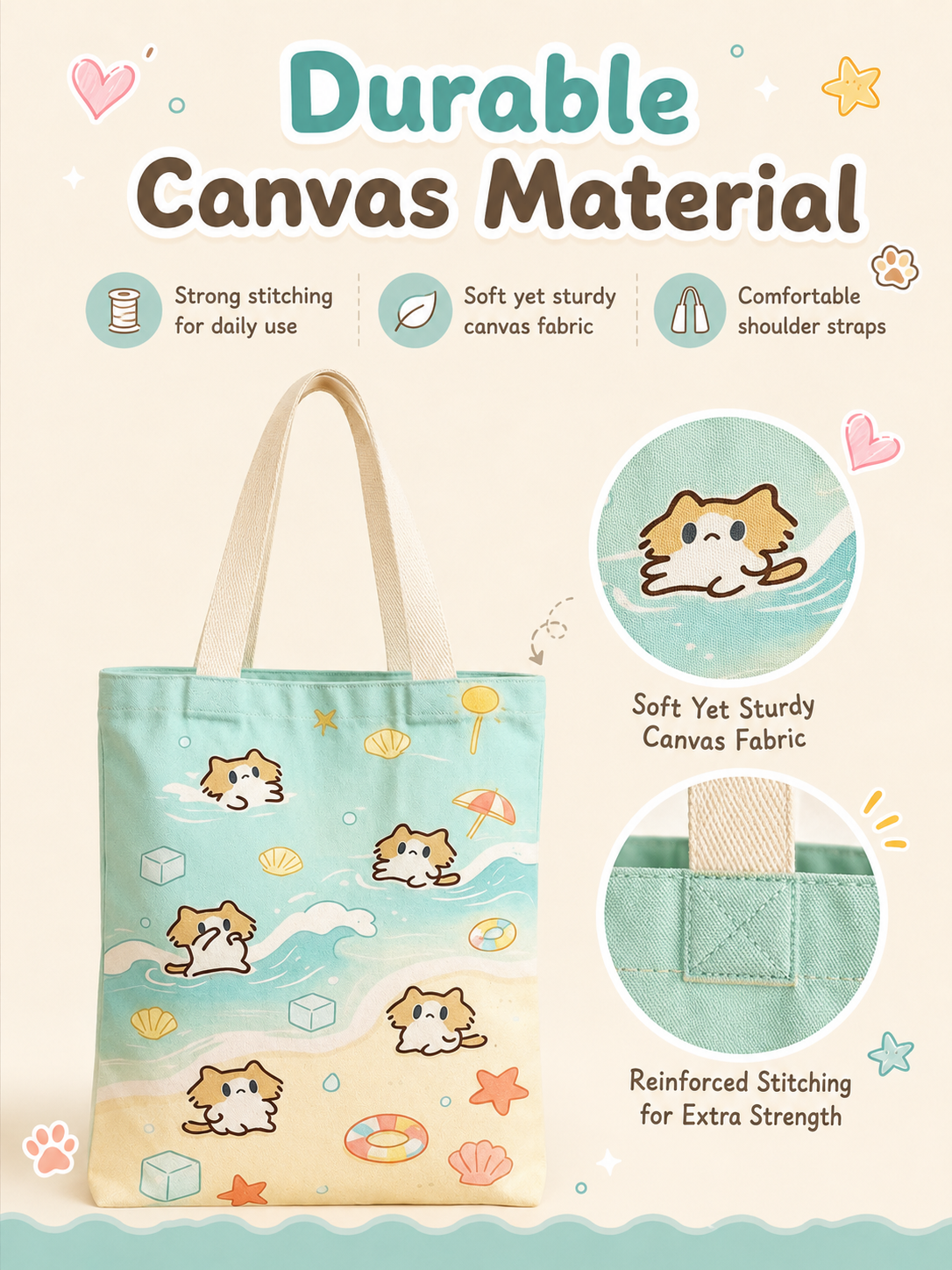 Cute Cover‑Mouth Cat Canvas Tote Bag, Large Capacity Cartoon Shoulder Handbag, Student Book Tote for Daily Commute