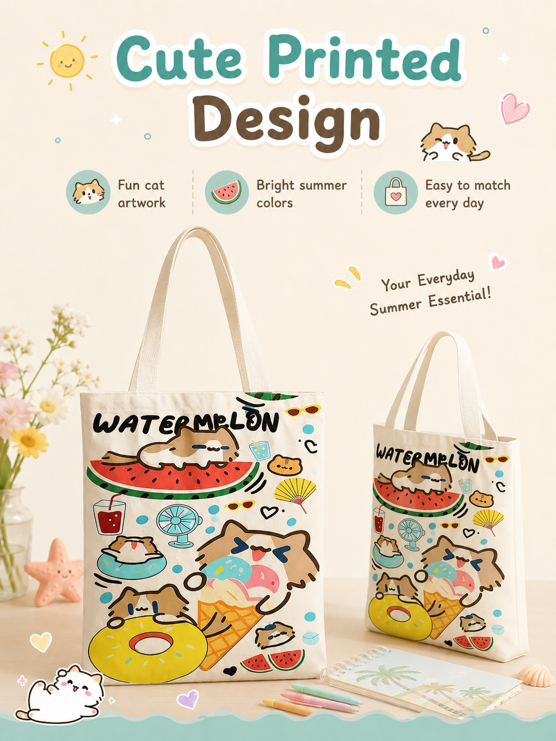 Cute Cover‑Mouth Cat Canvas Tote Bag, Large Capacity Cartoon Shoulder Handbag, Student Book Tote for Daily Commute