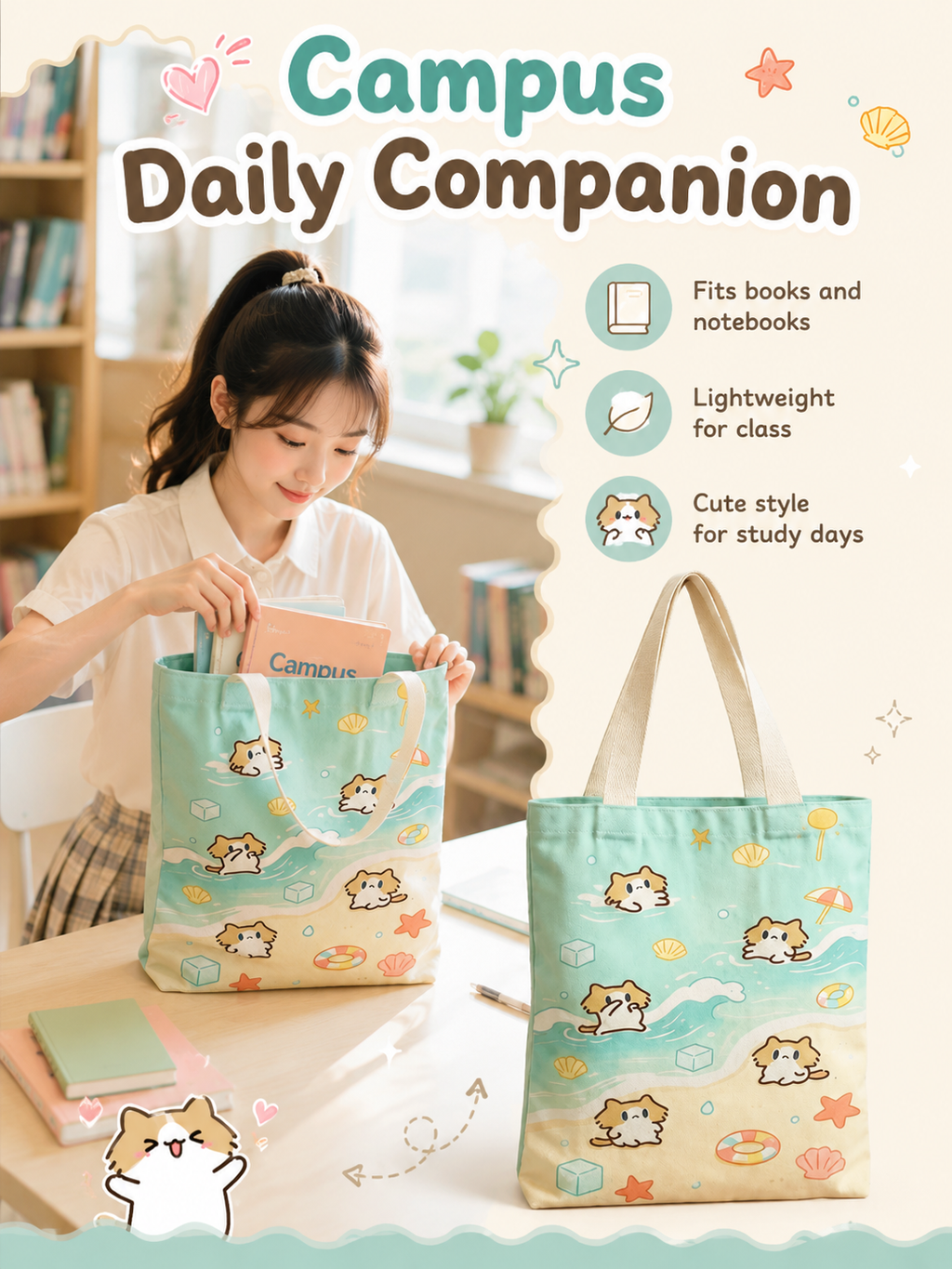 Cute Cover‑Mouth Cat Canvas Tote Bag, Large Capacity Cartoon Shoulder Handbag, Student Book Tote for Daily Commute