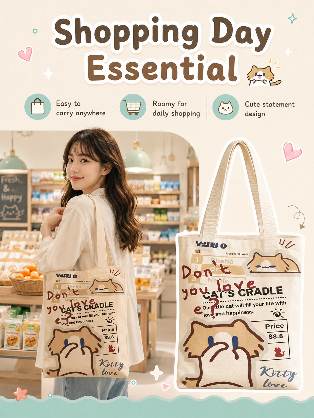 Cute Cover‑Mouth Cat Canvas Tote Bag, Large Capacity Cartoon Shoulder Handbag, Student Book Tote for Daily Commute