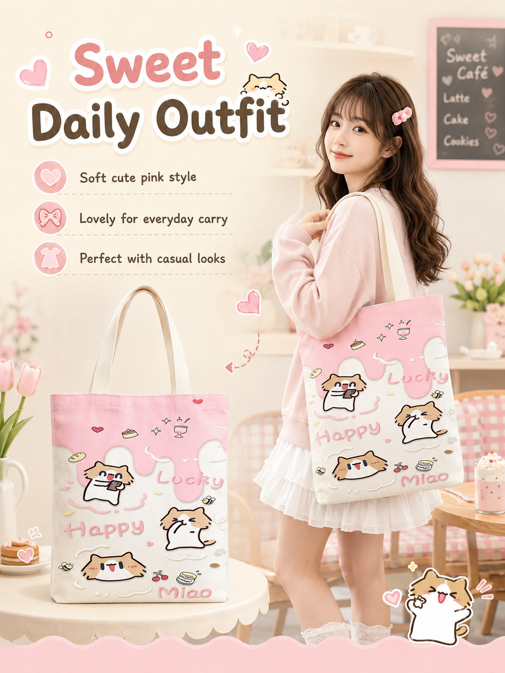 Cute Cover‑Mouth Cat Canvas Tote Bag, Large Capacity Cartoon Shoulder Handbag, Student Book Tote for Daily Commute