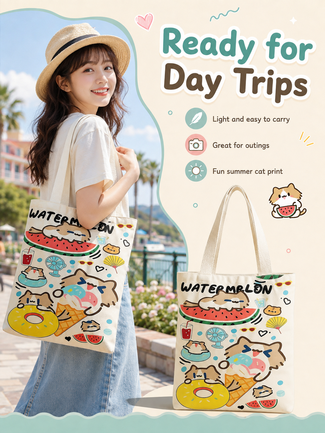 Cute Cover‑Mouth Cat Canvas Tote Bag, Large Capacity Cartoon Shoulder Handbag, Student Book Tote for Daily Commute