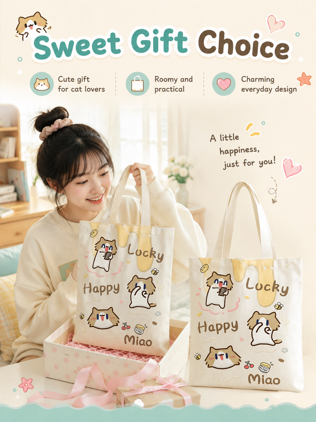 Cute Cover‑Mouth Cat Canvas Tote Bag, Large Capacity Cartoon Shoulder Handbag, Student Book Tote for Daily Commute