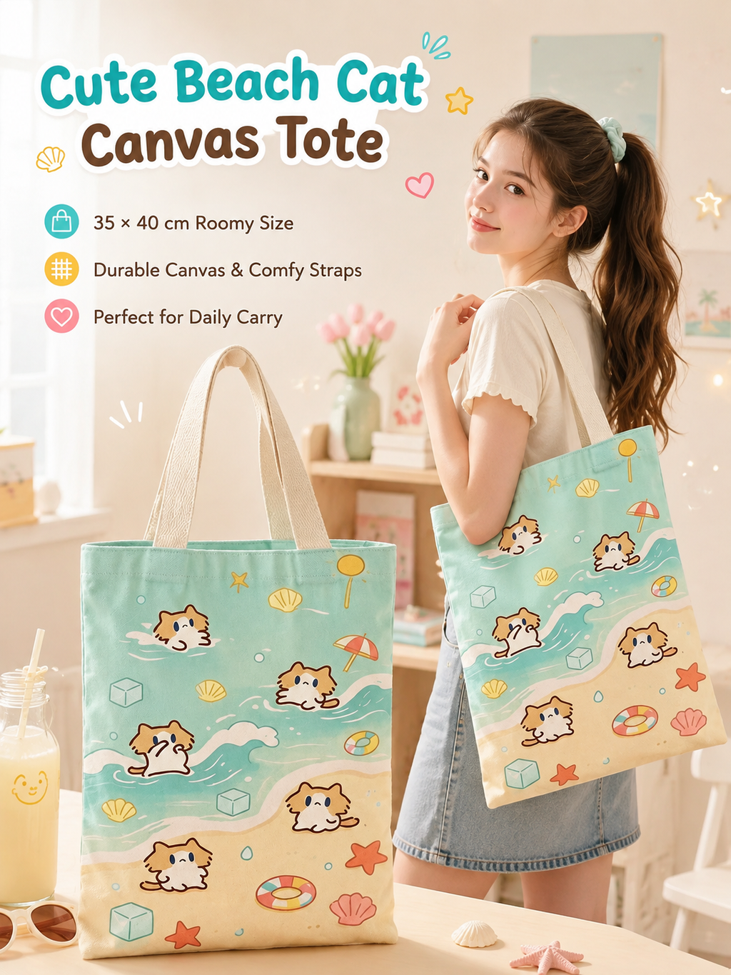Cute Cover‑Mouth Cat Canvas Tote Bag, Large Capacity Cartoon Shoulder Handbag, Student Book Tote for Daily Commute