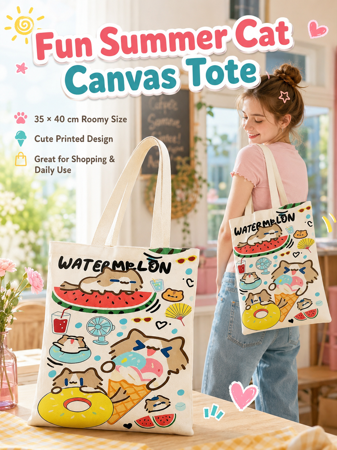 Cute Cover‑Mouth Cat Canvas Tote Bag, Large Capacity Cartoon Shoulder Handbag, Student Book Tote for Daily Commute