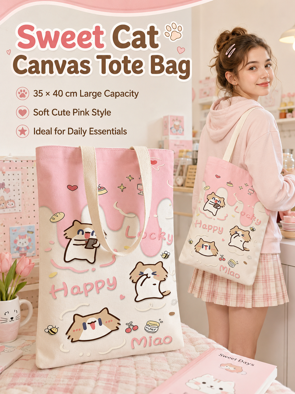 Cute Cover‑Mouth Cat Canvas Tote Bag, Large Capacity Cartoon Shoulder Handbag, Student Book Tote for Daily Commute