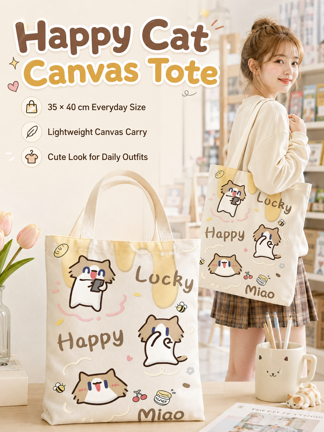 Cute Cover‑Mouth Cat Canvas Tote Bag, Large Capacity Cartoon Shoulder Handbag, Student Book Tote for Daily Commute