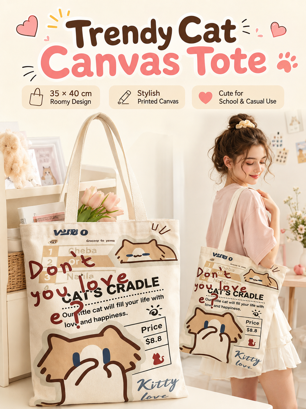 Cute Cover‑Mouth Cat Canvas Tote Bag, Large Capacity Cartoon Shoulder Handbag, Student Book Tote for Daily Commute