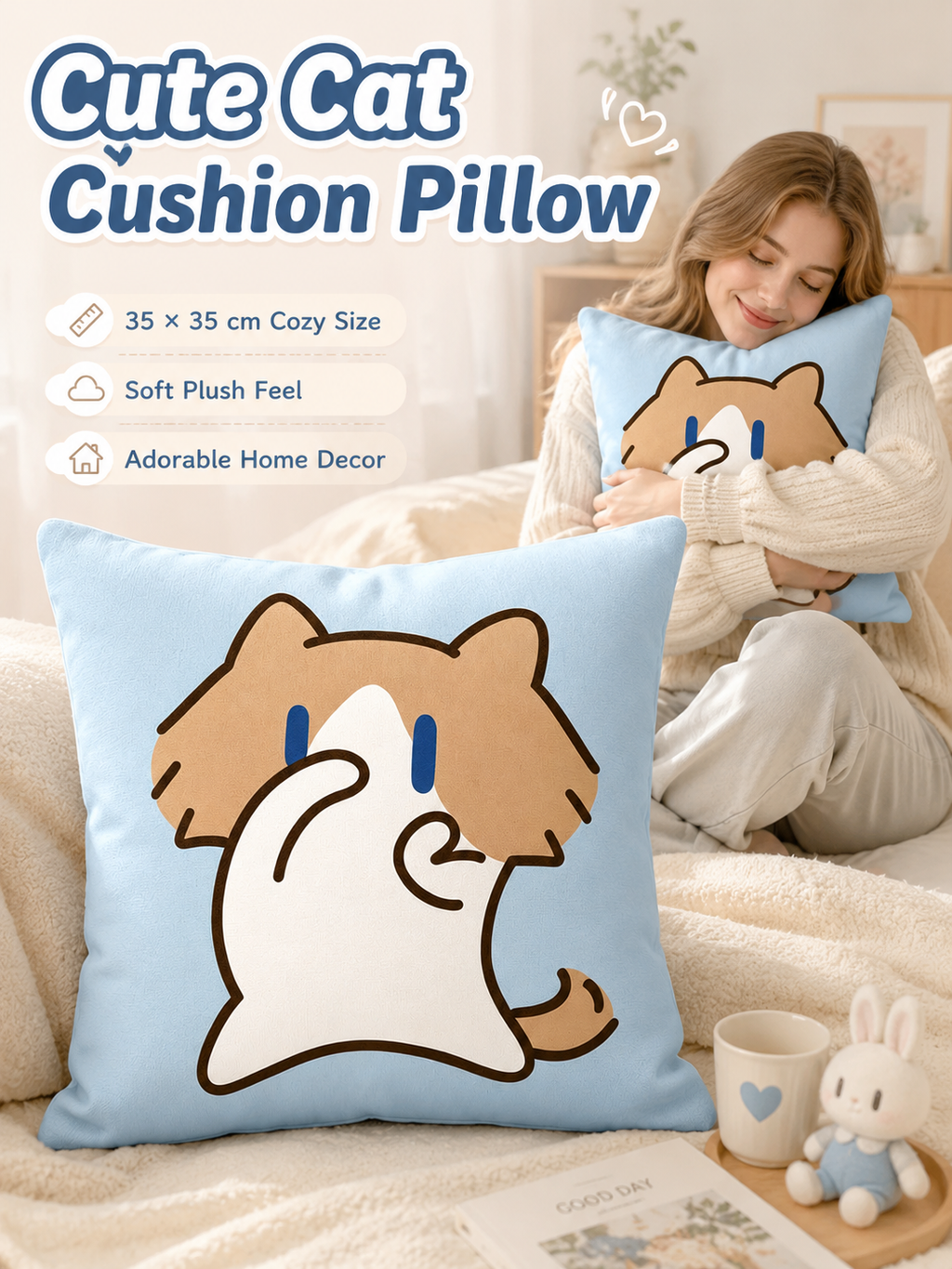 Cute Cartoon Cat Crystal Velvet Throw Pillow, Removable Washable Pillowcase, Soft Sofa Cushion for Bedroom Living Room