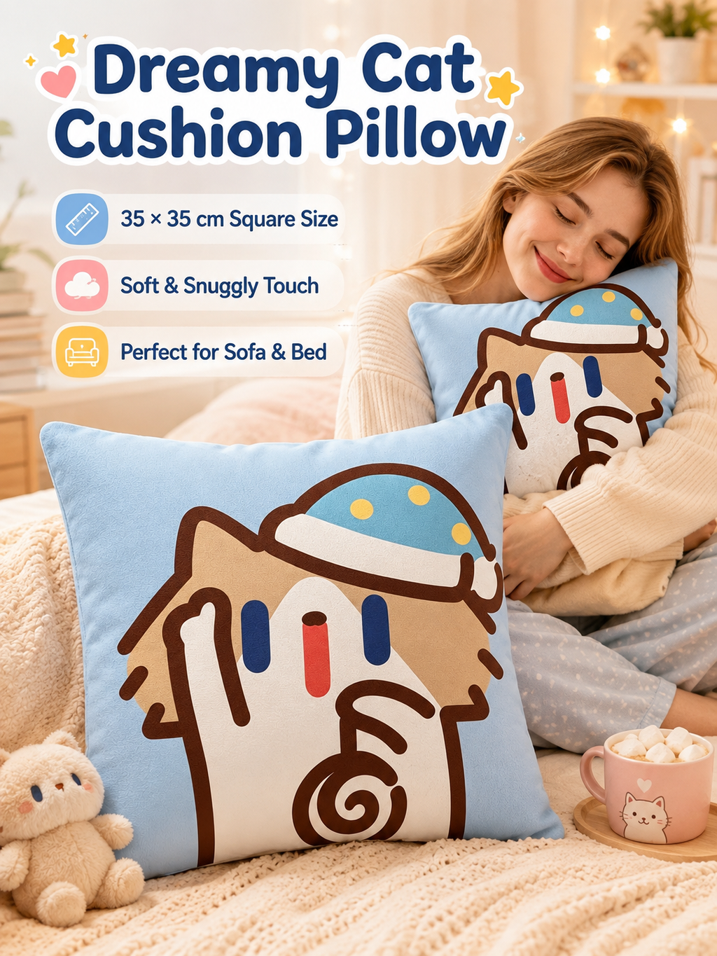 Cute Cartoon Cat Crystal Velvet Throw Pillow, Removable Washable Pillowcase, Soft Sofa Cushion for Bedroom Living Room