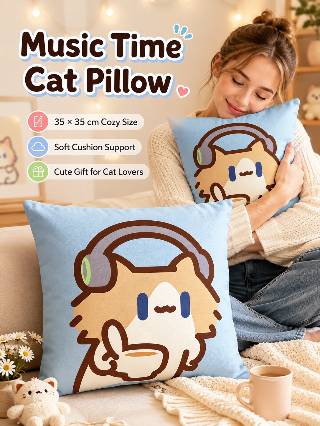 Cute Cartoon Cat Crystal Velvet Throw Pillow, Removable Washable Pillowcase, Soft Sofa Cushion for Bedroom Living Room