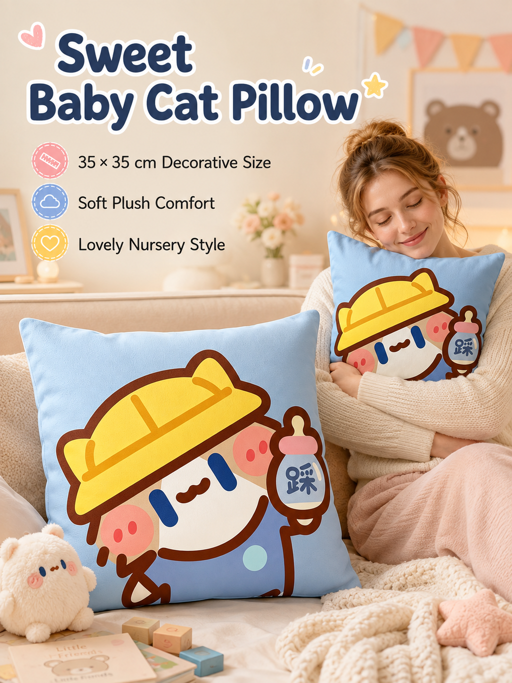 Cute Cartoon Cat Crystal Velvet Throw Pillow, Removable Washable Pillowcase, Soft Sofa Cushion for Bedroom Living Room
