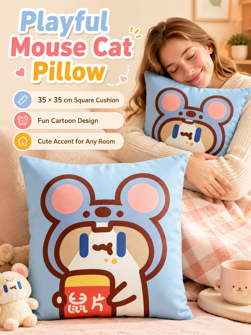 Cute Cartoon Cat Crystal Velvet Throw Pillow, Removable Washable Pillowcase, Soft Sofa Cushion for Bedroom Living Room