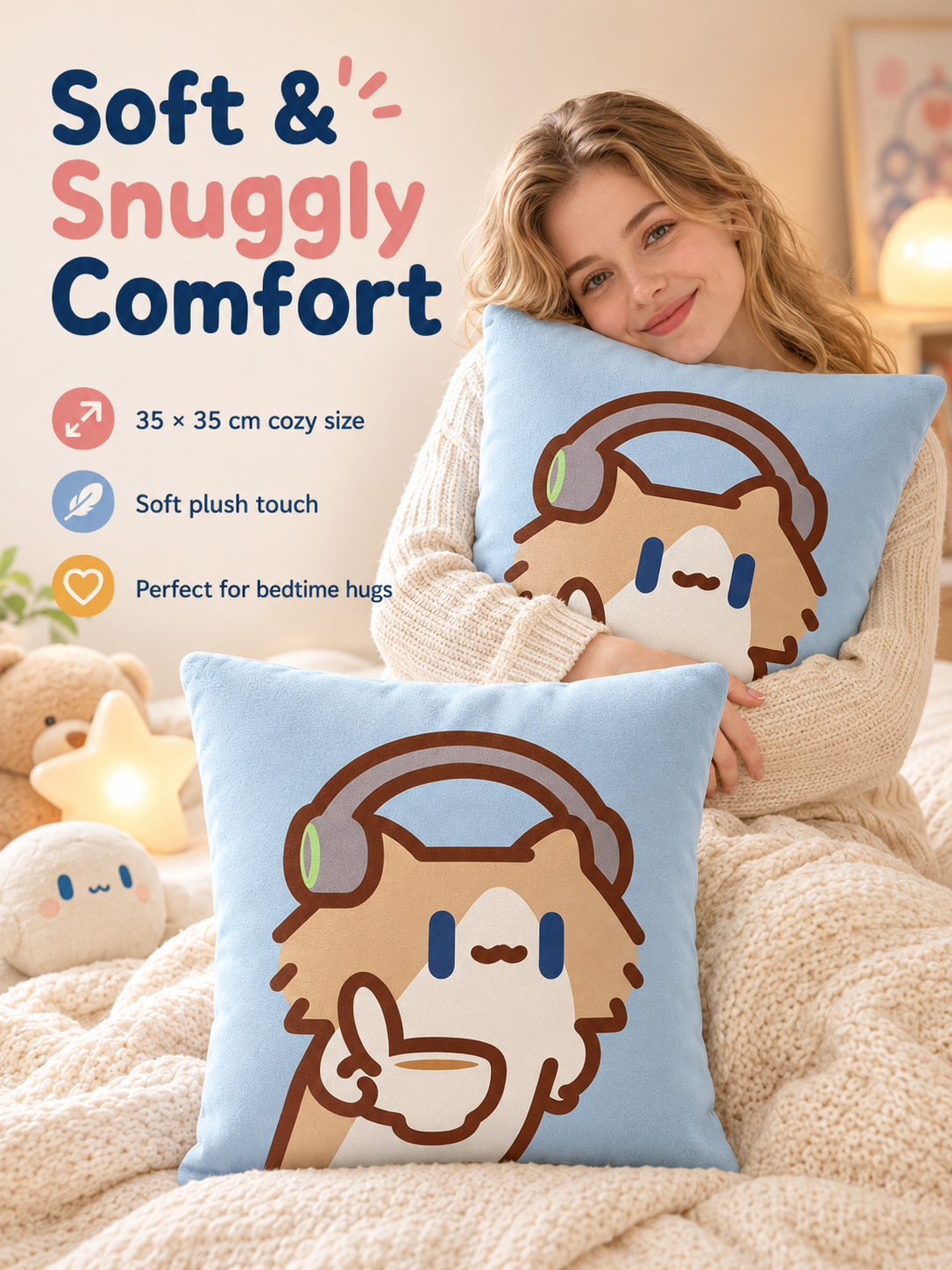 Cute Cartoon Cat Crystal Velvet Throw Pillow, Removable Washable Pillowcase, Soft Sofa Cushion for Bedroom Living Room