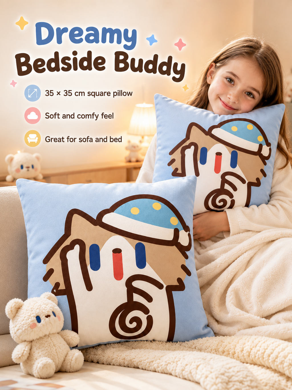 Cute Cartoon Cat Crystal Velvet Throw Pillow, Removable Washable Pillowcase, Soft Sofa Cushion for Bedroom Living Room