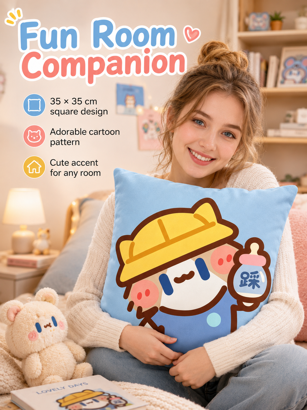 Cute Cartoon Cat Crystal Velvet Throw Pillow, Removable Washable Pillowcase, Soft Sofa Cushion for Bedroom Living Room