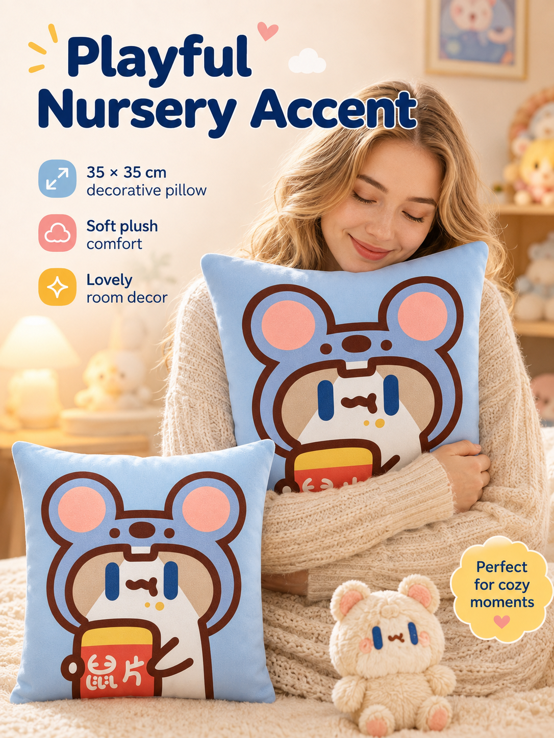 Cute Cartoon Cat Crystal Velvet Throw Pillow, Removable Washable Pillowcase, Soft Sofa Cushion for Bedroom Living Room